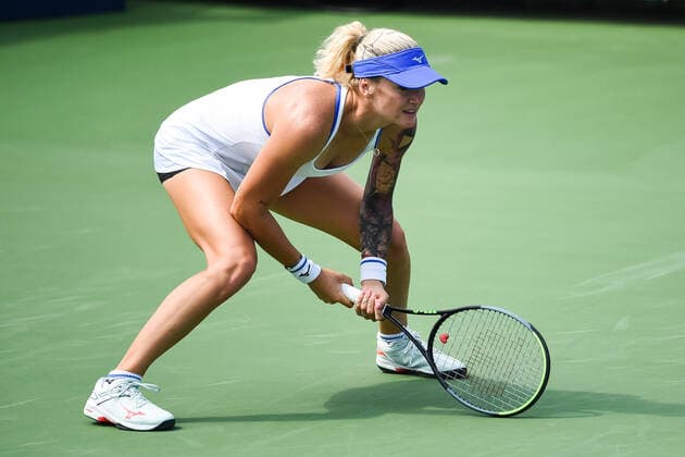 August 08, 2021: Tereza Martincova (CZE) waits for service during the WTA, Tennis Damen National Bank Open qualifying round match at IGA Stadium in Montreal, Quebec. CSM Montreal Canada - ZUMAc04_ 20210808_zaf_c04_005 Copyright: xDavidxKirouacx