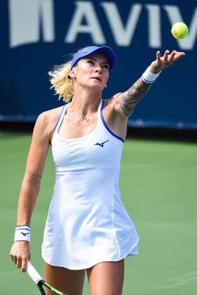 August 08, 2021: Tereza Martincova (CZE) serves the ball during the WTA, Tennis Damen National Bank Open qualifying round match at IGA Stadium in Montreal, Quebec. CSM Montreal Canada - ZUMAc04_ 20210808_zaf_c04_009 Copyright: xDavidxKirouacx