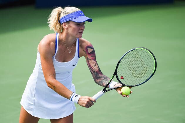 MONTREAL, QC - AUGUST 08: Tereza Martincova (CZE) serves the ball during the qualifying WTA, Tennis Damen National Bank Open match on August 8, 2021 at IGA Stadium in Montreal, QC (Photo by David Kirouac Icon Sportswire) TENNIS: AUG 08 National Bank Open Icon210808012