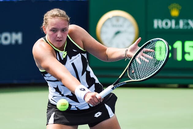MONTREAL, QC - AUGUST 08: Jule Niemeier (GER) returns the ball during the qualifying WTA, Tennis Damen National Bank Open match on August 8, 2021 at IGA Stadium in Montreal, QC (Photo by David Kirouac Icon Sportswire) TENNIS: AUG 08 National Bank Open Icon210808059