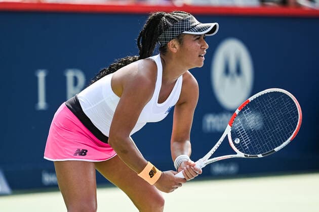 MONTREAL, QC - AUGUST 08: Heather Watson (GBR) waits for serviceduring the qualifying WTA, Tennis Damen National Bank Open match on August 8, 2021 at IGA Stadium in Montreal, QC (Photo by David Kirouac Icon Sportswire) TENNIS: AUG 08 National Bank Open Icon210808069