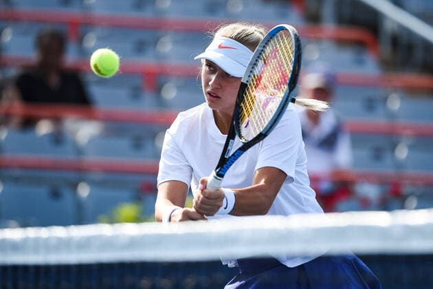 MONTREAL, QC - AUGUST 08: Anastasia Potapova (RUS) returns the ball during the qualifying WTA, Tennis Damen National Bank Open match on August 8, 2021 at IGA Stadium in Montreal, QC (Photo by David Kirouac Icon Sportswire) TENNIS: AUG 08 National Bank Open Icon210808072
