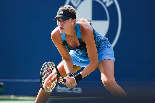 MONTREAL, QC - AUGUST 08: Kristina Mladenovic (FRA) waits for service during the qualifying WTA, Tennis Damen National Bank Open match on August 8, 2021 at IGA Stadium in Montreal, QC (Photo by David Kirouac Icon Sportswire) TENNIS: AUG 08 National Bank Open Icon210808079