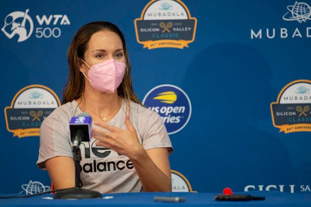 August 08, 2021: Danielle Collins (USA) during her press conference, PK, Pressekonferenz after she defeated Daria Kasatkina (RUS) 63 67(10) 61 in the finals of the Mubadala Silicon Valley Classic at San Jose State University in San Jose, California. TennisClix CSM San Jose USA - ZUMAc04_ 20210808_zaf_c04_173 Copyright: xMalxTaamx