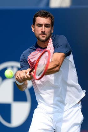 TORONTO, ON - AUGUST 09: Marin Cilic (CRO) returns the ball during his National Bank Open tennis tournament first round game on August 9, 2021, at Aviva Centre in Toronto, ON, Canada. (Photo by Julian Avram Icon Sportswire) TENNIS: AUG 09 National Bank Open Icon2108090005