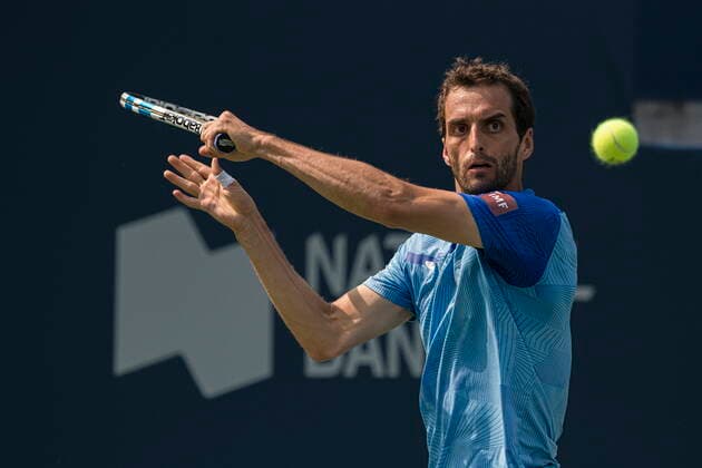 August 9, 2021, Toronto, on, Canada: SpainÃ¢â‚¬â ¢s Albert Ramos-Vinolas returns to CroatiaÃ¢â‚¬â ¢s Marin Cilic during men s National Bank Open tennis action in Toronto on Monday, Aug., 9, 2021. Canada News - August 9, 2021  - ZUMAc35_ 20210809_zaf_c35_029 Copyright: xChristopherxKatsarovx
