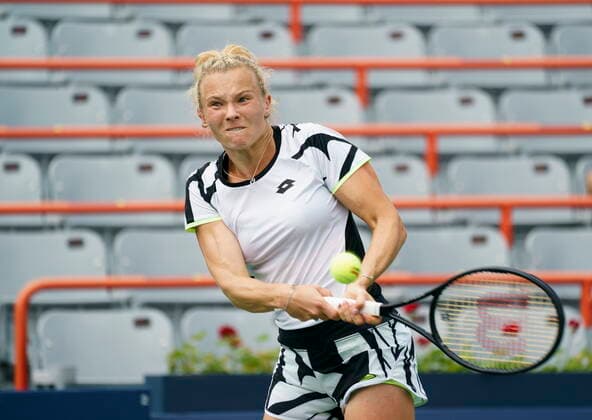 August 9, 2021, Montreal, PQ, Canada: Jelena Ostapenko of Latvia returns to Katerina Siniakova of the Czech Republic before rows of empty seats at the National Bank Open tennis tournament Monday August 9, 2021 in Montreal. Jelena Ostapenko  - ZUMAc35_ 20210809_zaf_c35_042 Copyright: xPaulxChiassonx