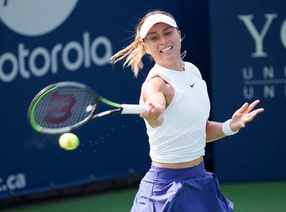 August 9, 2021, Montreal, PQ, Canada: Paula Badosa of Spain returns to Viktorija Golubic of Switzerland at the National Bank Open tennis tournament Monday August 9, 2021 in Montreal. Paula Badosa  - ZUMAc35_ 20210809_zaf_c35_045 Copyright: xPaulxChiassonx