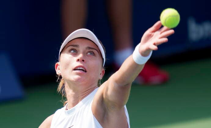 August 9, 2021, Montreal, PQ, Canada: Paula Badosa of Spain tosses the ball to serve to Viktorija Golubic of Switzerland at the National Bank Open tennis tournament Monday August 9, 2021 in Montreal. Paula Badosa  - ZUMAc35_ 20210809_zaf_c35_047 Copyright: xPaulxChiassonx