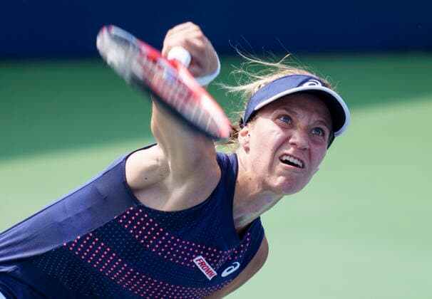 August 9, 2021, Montreal, PQ, Canada: Viktorija Golubic of Switzerland serves to Paula Badosa of Spain at the National Bank Open tennis tournament Monday August 9, 2021 in Montreal. Viktorija Golubic  - ZUMAc35_ 20210809_zaf_c35_046 Copyright: xPaulxChiassonx