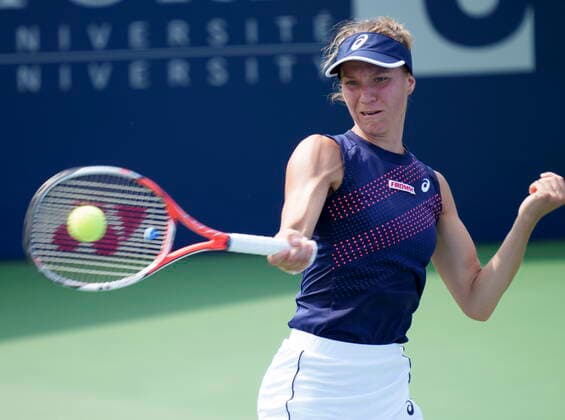 August 9, 2021, Montreal, PQ, Canada: Viktorija Golubic of Switzerland returns to Paula Badosa of Spain at the National Bank Open tennis tournament Monday August 9, 2021 in Montreal. Viktorija Golubic  - ZUMAc35_ 20210809_zaf_c35_050 Copyright: xPaulxChiassonx