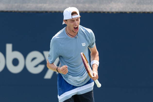 TORONTO, ON - AUGUST 09: Ugo Humbert (FRA) celebrates after winning his National Bank Open tennis tournament first round game on August 9, 2021, at Aviva Centre in Toronto, ON, Canada. (Photo by Julian Avram Icon Sportswire) TENNIS: AUG 09 National Bank Open Icon2108090575