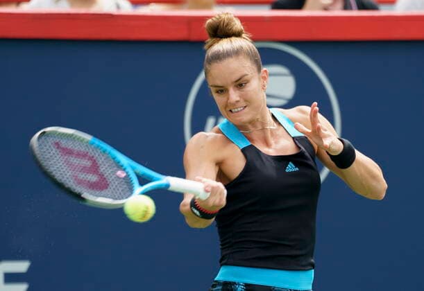 August 9, 2021, Montreal, PQ, Canada: Maria Sakkari of Greece returns to Marie Bouzkova of the Czech Republic during first round of play at the National Bank Open tennis tournament Monday August 9, 2021 in Montreal. Maria Sakkari  - ZUMAc35_ 20210809_zaf_c35_077 Copyright: xPaulxChiassonx