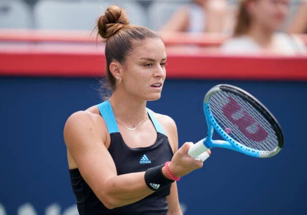 August 9, 2021, Montreal, PQ, Canada: Maria Sakkari of Greece reacts to a shot as she faces Marie Bouzkova of the Czech Republic during first round of play at the National Bank Open tennis tournament Monday August 9, 2021 in Montreal. Maria Sakkari  - ZUMAc35_ 20210809_zaf_c35_080 Copyright: xPaulxChiassonx
