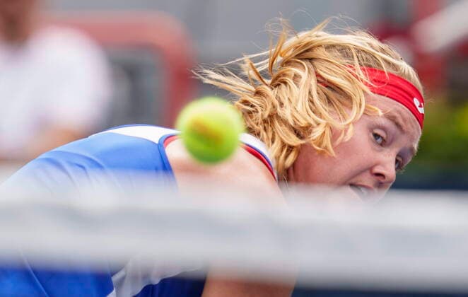 August 9, 2021, Montreal, PQ, Canada: Marie Bouzkova of the Czech Republic watches the ball makes it way over the net as she face Maria Sakkari of Greece during first round of play at the National Bank Open tennis tournament Monday August 9, 2021 in Montreal. Maria Bouzkova  - ZUMAc35_ 20210809_zaf_c35_079 Copyright: xPaulxChiassonx