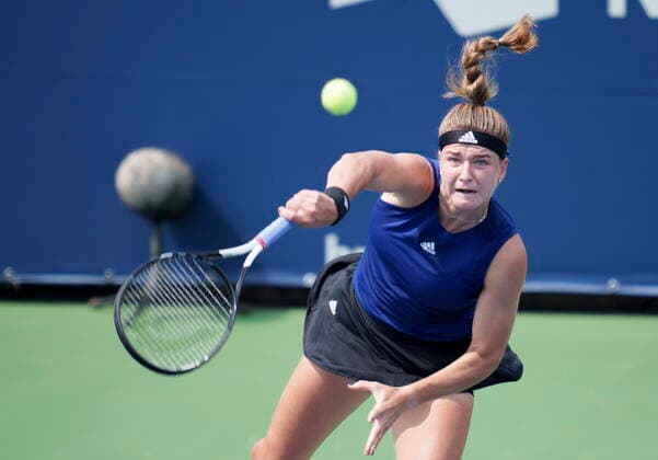August 9, 2021, Montreal, PQ, Canada: Karolina Muchova of the Czech Republic serves to Oceane Dodin of France during first round of play at the National Bank Open tennis tournament Monday August 9, 2021 in Montreal. Karolina Muchova  - ZUMAc35_ 20210809_zaf_c35_084 Copyright: xPaulxChiassonx