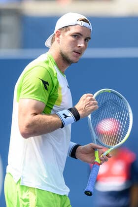 TORONTO, ON - AUGUST 09: Jan-Lennard Struff (GER) celebrates after winning a point during his National Bank Open tennis tournament first round game on August 9, 2021, at Aviva Centre in Toronto, ON, Canada. (Photo by Julian Avram Icon Sportswire) TENNIS: AUG 09 National Bank Open Icon2108091105