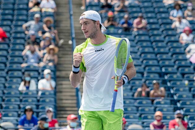 August 9, 2021, Toronto, on, Canada: Germanyo¢s Jan-Lennard Struff celebrates during a match with Italyo¢s Fabio Fognini during Meno¢s National Bank Open tennis action, in Toronto on Monday, Aug., 9, 2021. Canada News - August 9, 2021  - ZUMAc35_ 20210809_zaf_c35_094 Copyright: xChristopherxKatsarovx