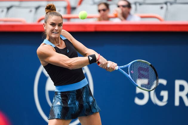 August 09, 2021: Maria Sakkari (GRE) returns the ball during the WTA, Tennis Damen National Bank Open first round match at IGA Stadium in Montreal, Quebec. CSM Montreal Canada - ZUMAc04_ 20210809_zaf_c04_096 Copyright: xDavidxKirouacx