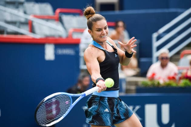 August 09, 2021: Maria Sakkari (GRE) returns the ball during the WTA, Tennis Damen National Bank Open first round match at IGA Stadium in Montreal, Quebec. CSM Montreal Canada - ZUMAc04_ 20210809_zaf_c04_099 Copyright: xDavidxKirouacx