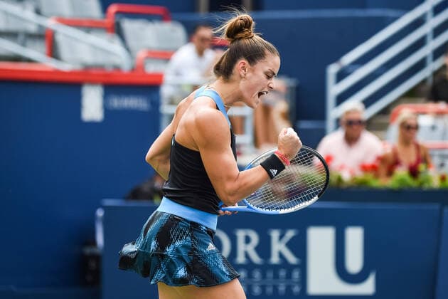 MONTREAL, QC - AUGUST 09: Maria Sakkari (GRE) shows pride after scoring a point during the first round WTA, Tennis Damen National Bank Open match on August 9, 2021 at IGA Stadium in Montreal, QC (Photo by David Kirouac Icon Sportswire) TENNIS: AUG 09 National Bank Open Icon210809076