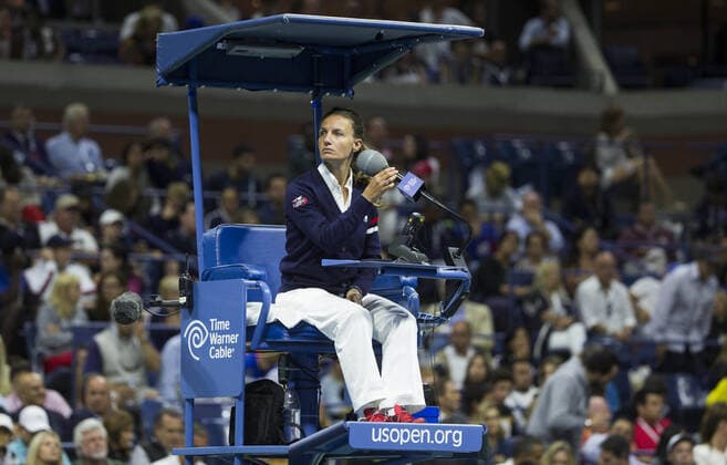 Mandatory Credit: Photo by Mike Frey BPI Shutterstock (5074295bf) Eva Asderaki-Moore - The first female chair umpire for the men s singles final at the US Open. US Open Tennis Championships 2015 Day Fourteen Flushing Meadows US Open, New York, United States - 13 Sep 2015 Editorial use only. No merchandising. US Open Tennis Championships 2015 Day Fourteen Flushing Meadows US Open, New York, United States - 13 Sep 2015 Editorial use only. No merchandising.  Copyright: xMikexFrey BPI Shutterstockx 5074295bf