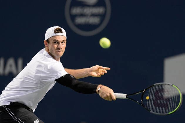 TORONTO, ON - AUGUST 09: Tommy Paul (USA) returns the ball during his National Bank Open tennis tournament first round game on August 9, 2021, at Aviva Centre in Toronto, ON, Canada. (Photo by Julian Avram Icon Sportswire) TENNIS: AUG 09 National Bank Open Icon2108091692