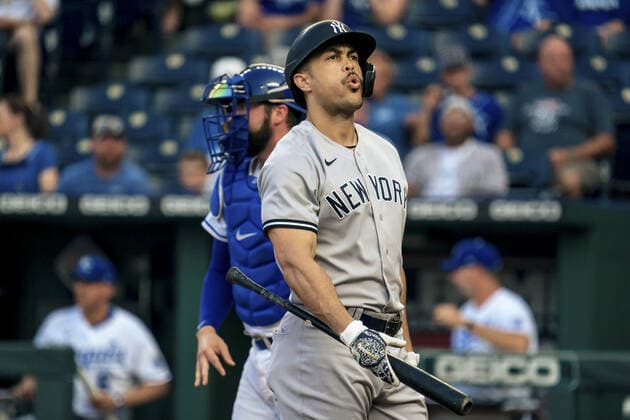 New York Yankees right fielder Aaron Judge (99) reacts to a Kansas City Royals pitch in the first inning at Kaufman Stadium in Kansas City, Missouri on Monday, August 09, 2021.  KCP20210809109 KYLExRIVAS