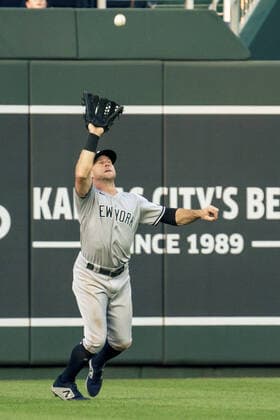 New York Yankees left fielder Brett Gardner (11) catches a Kansas City Royals pop fly in the second inning at Kaufman Stadium in Kansas City, Missouri on Monday, August 09, 2021.  KCP20210809113 KYLExRIVAS