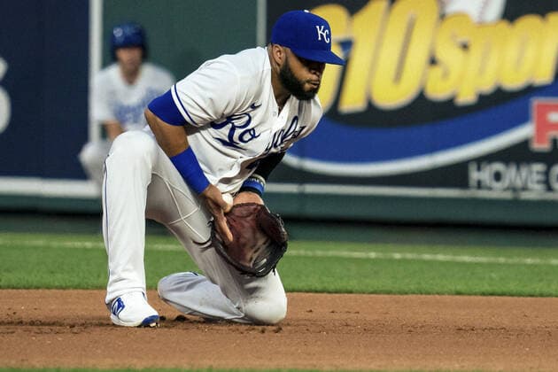 Kansas City Royals first baseman Carlos Santana (41) collects a New York Yankees ground ball in the third inning at Kaufman Stadium in Kansas City, Missouri on Monday, August 09, 2021.  KCP20210809118 KYLExRIVAS