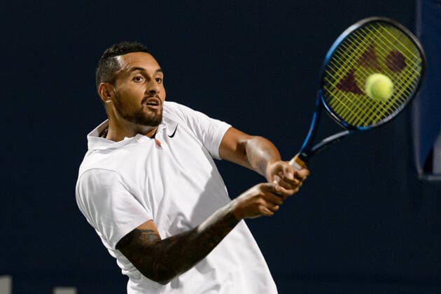 TORONTO, ON - AUGUST 09: Nick Kyrgios (AUS) returns the ball during his National Bank Open tennis tournament first round game on August 9, 2021, at Aviva Centre in Toronto, ON, Canada. (Photo by Julian Avram Icon Sportswire) TENNIS: AUG 09 National Bank Open Icon2108091937