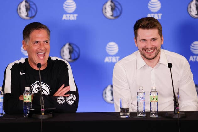 August 10, 2021, Ljubljana, Slovenia: Mavericks owner Marek Cuban and NBA, Basketball Herren, USA star Luka Doncic speak at a press conference, PK, Pressekonferenz after signing a 5-year extension contract..Slovenian NBA star Luka Doncic signed a five-year 207-million-dollar contract extension with the Dallas Mavericks on Tuesday after Mavericks owner Mark Cuban, head coach Jason Kidd, general manager Nico Harrison and advisor Dirk Nowitzki arrived in Slovenia to formalize the deal. Ljubljana Slovenia - ZUMAs197 0129046335st Copyright: xLukaxDakskoblerx