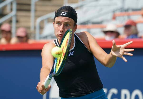 August 10, 2021, Montreal, PQ, Canada: Anastasija Sevastova of Latvia returns to Coco Gauff of the United States during first round of play at the National Bank Open tennis tournament Tuesday August 10, 2021 in Montreal. Anastasija Sevastova  - ZUMAc35_ 20210810_zaf_c35_006 Copyright: xPaulxChiassonx