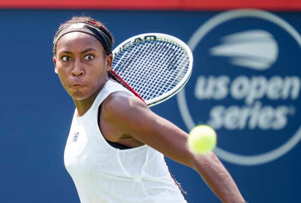 August 10, 2021, Montreal, PQ, Canada: Coco Gauff of the United States eyes the ball to return to Anastasija Sevastova of Latvia during first round of play at the National Bank Open tennis tournament Tuesday August 10, 2021 in Montreal. Cori Gauff  - ZUMAc35_ 20210810_zaf_c35_012 Copyright: xPaulxChiassonx