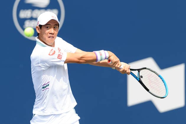 TORONTO, ON - AUGUST 10: Kei Nishikori (JPN) returns the ball during his National Bank Open tennis tournament first round game on August 10, 2021, at Aviva Centre in Toronto, ON, Canada. (Photo by Julian Avram Icon Sportswire) TENNIS: AUG 10 National Bank Open Icon2108100088