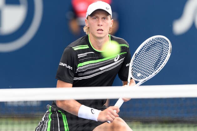 TORONTO, ON - AUGUST 10: Emil Ruusuvuori (FIN) returns the ball during his National Bank Open tennis tournament first round game on August 10, 2021, at Aviva Centre in Toronto, ON, Canada. (Photo by Julian Avram Icon Sportswire) TENNIS: AUG 10 National Bank Open Icon2108100200