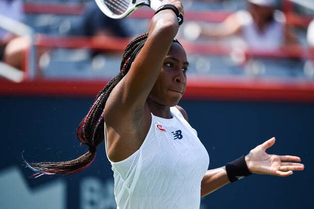 MONTREAL, QC - AUGUST 10: Cori Gauff (USA) returns the ball during the first round WTA, Tennis Damen National Bank Open match on August 10, 2021 at IGA Stadium in Montreal, QC (Photo by David Kirouac Icon Sportswire) TENNIS: AUG 10 National Bank Open Icon210810036