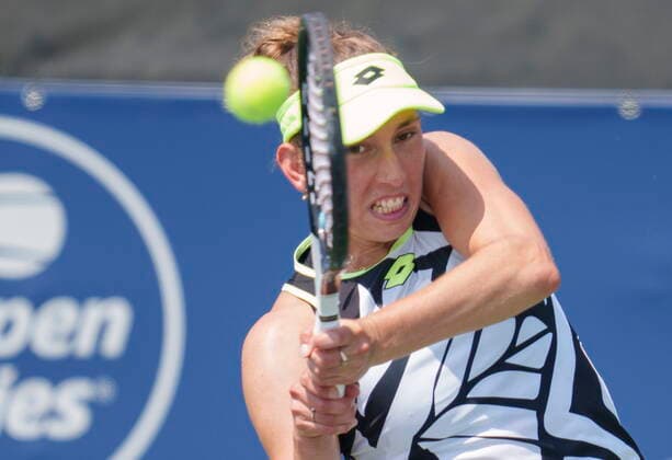 August 10, 2021, Montreal, PQ, Canada: Elise Mertens of Belgium returns to Camila Giorgi of Italy during first round of play at the National Bank Open tennis tournament Tuesday August 10, 2021 in Montreal. Elise Mertens  - ZUMAc35_ 20210810_zaf_c35_052 Copyright: xPaulxChiassonx