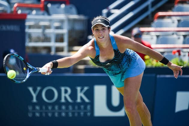 MONTREAL, QC - AUGUST 10: Grabine Muguruza (ESP) returns the ball during the second round WTA, Tennis Damen National Bank Open match on August 10, 2021 at IGA Stadium in Montreal, QC (Photo by David Kirouac Icon Sportswire) TENNIS: AUG 10 National Bank Open Icon210810043