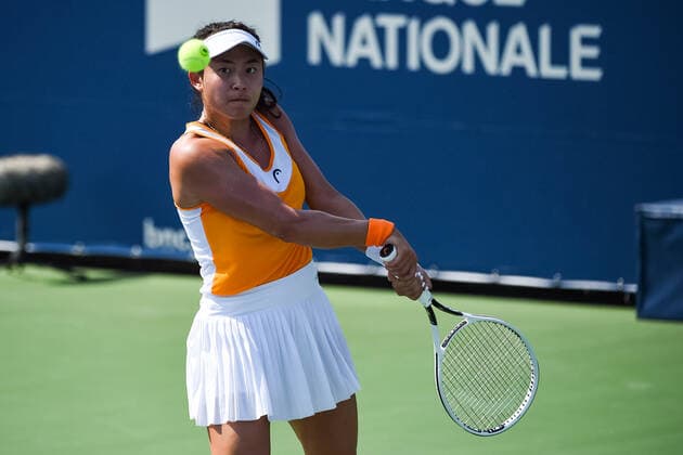 August 10, 2021: Carol Zaho (CAN) returns the ball during the WTA, Tennis Damen National Bank Open first round match at IGA Stadium in Montreal, Quebec. CSM Montreal Canada - ZUMAc04_ 20210810_zaf_c04_051 Copyright: xDavidxKirouacx