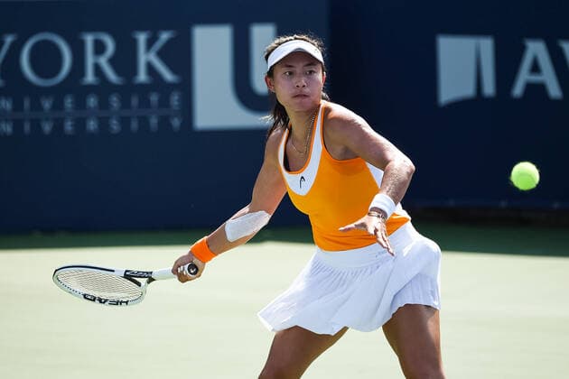 August 10, 2021: Carol Zaho (CAN) returns the ball during the WTA, Tennis Damen National Bank Open first round match at IGA Stadium in Montreal, Quebec. CSM Montreal Canada - ZUMAc04_ 20210810_zaf_c04_054 Copyright: xDavidxKirouacx