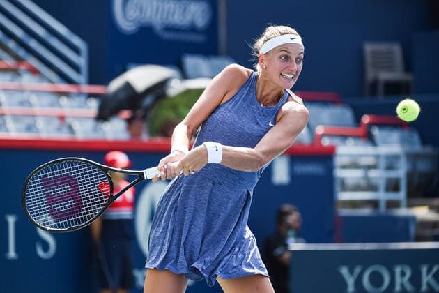 MONTREAL, QC - AUGUST 10: Petra Kvitova (CZE) returns the ball during the second round WTA, Tennis Damen National Bank Open match on August 10, 2021 at IGA Stadium in Montreal, QC (Photo by David Kirouac Icon Sportswire) TENNIS: AUG 10 National Bank Open Icon210810063