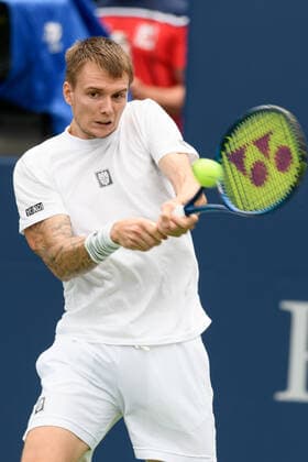 TORONTO, ON - AUGUST 10: Alexander Bublik (KAZ) returns the ball during his National Bank Open tennis tournament second round game on August 10, 2021, at Aviva Centre in Toronto, ON, Canada. (Photo by Julian Avram Icon Sportswire) TENNIS: AUG 10 National Bank Open Icon2108101188