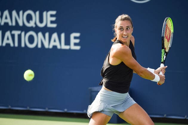 MONTREAL, QC - AUGUST 10: Petra Martic (CRO) returns the ball during the first round WTA, Tennis Damen National Bank Open match on August 10, 2021 at IGA Stadium in Montreal, QC (Photo by David Kirouac Icon Sportswire) TENNIS: AUG 10 National Bank Open Icon210810090