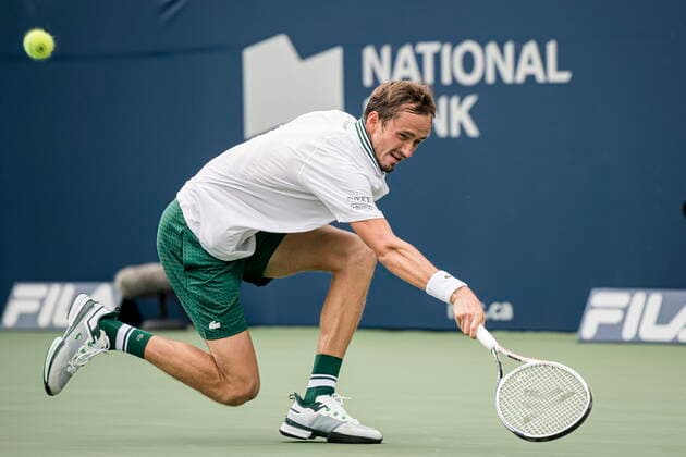 August 10, 2021, Toronto, on, Canada: RussiaÃ¢â‚¬â ¢s Daniil Medvedev returns the ball during MenÃ¢â‚¬â ¢s National Bank Open tennis action against KazakhstanÃ¢â‚¬â ¢s Alexander Bublik, in Toronto, Tuesday, Aug. 10, 2021. Canada News - August 10, 2021  - ZUMAc35_ 20210810_zaf_c35_124 Copyright: xChristopherxKatsarovx