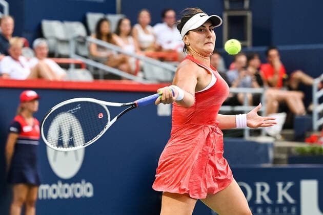 August 10, 2021: Bianca Andreescu (CAN) returns the ball during the WTA, Tennis Damen National Bank Open second round match at IGA Stadium in Montreal, Quebec. CSM Montreal Canada - ZUMAc04_ 20210810_zaf_c04_127 Copyright: xDavidxKirouacx