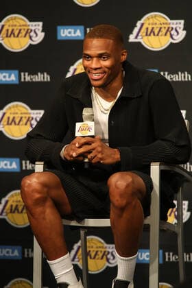 LOS ANGELES, CA - AUGUST 10: Russell Westbrook during the Los Angeles Lakers Introductory press conference, PK, Pressekonferenz for Russell Westbrook on August 10, 2021, at Staples Center in Los Angeles, CA. (Photo by Jevone Moore Icon Sportswire) NBA, Basketball Herren, USA AUG 10 Russell Westbrook Introduced as a Los Angeles Laker Icon21081009
