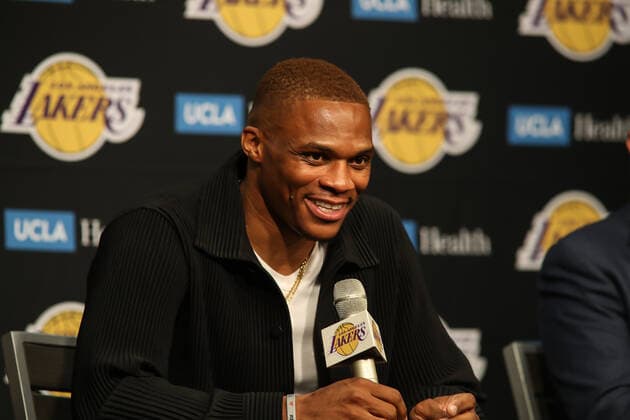 LOS ANGELES, CA - AUGUST 10: Russell Westbrook during the Los Angeles Lakers Introductory press conference, PK, Pressekonferenz for Russell Westbrook on August 10, 2021, at Staples Center in Los Angeles, CA. (Photo by Jevone Moore Icon Sportswire) NBA, Basketball Herren, USA AUG 10 Russell Westbrook Introduced as a Los Angeles Laker Icon21081013