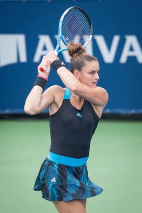 MONTREAL, QC - AUGUST 11: Maria Sakkari from Greece competes during the second round WTA, Tennis Damen National Bank Open match on August 11, 2021 at IGA Stadium in Montreal, QC (Photo by Vincent Ethier Icon Sportswire) TENNIS: AUG 11 National Bank Open Icon2108110311