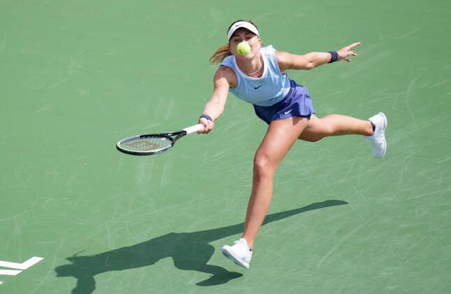 August 11, 2021, Montreal, PQ, Canada: Paula Badosa, of Spain, reaches as she returns to Canada s Rebecca Marino during second round National Bank Open women s tennis tournament action, in Montreal, Wednesday, Aug. 11, 2021. Paula Badosa  - ZUMAc35_ 20210811_zaf_c35_012 Copyright: xPaulxChiassonx